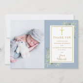 洗礼 誕生 植物 グリーン フォト 青い 男の子 サンキューカード (正面)