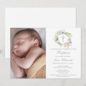 洗礼 誕生 花の花輪 フォト 招待状 (正面/裏面)