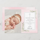 洗礼 誕生 葉緑 ピンク 水彩写真 サンキューカード (正面/裏面)