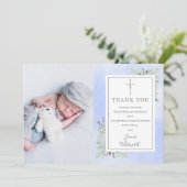 洗礼 誕生 葉緑 青 水彩写真 サンキューカード (スタンド正面)