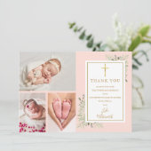 洗礼 誕生 記念 緑の葉 淡いピンク 3枚の写真 サンキューカード (スタンド正面)