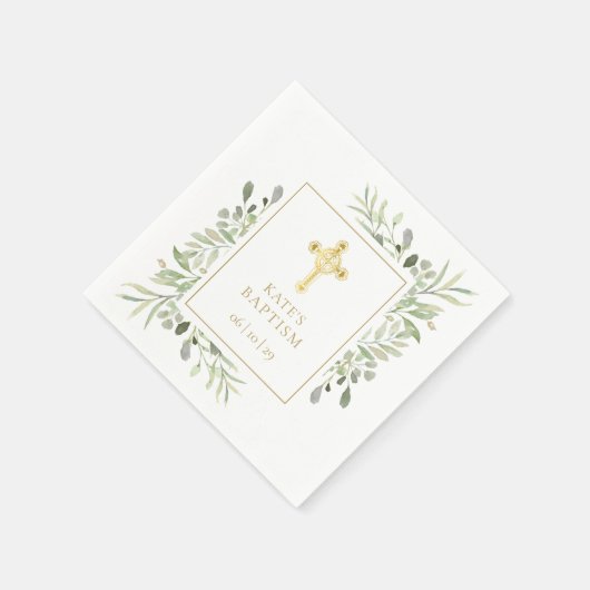 洗礼 誕生 金の十字架 緑の植物 スタンダードカクテルナプキン (角)
