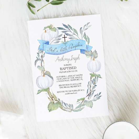 洗礼 青と白のカボチャの男の子 秋 招待状