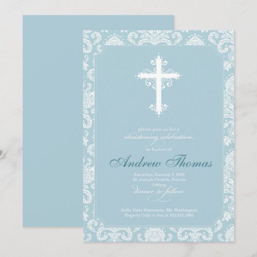 洗礼 - 青ダマスク 招待状 (正面/裏面)
