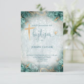 洗礼 青 錆びたゴールド 十字架 誕生 招待状 (スタンド正面)