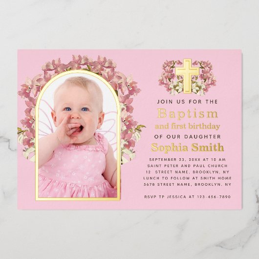 洗礼・1歳誕生日 ピンクの女の子 写真 アーチ オーキッド 箔招待状 (正面)