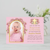 洗礼・1歳誕生日 ピンクの女の子 写真 アーチ オーキッド 箔招待状 (立ち正面)