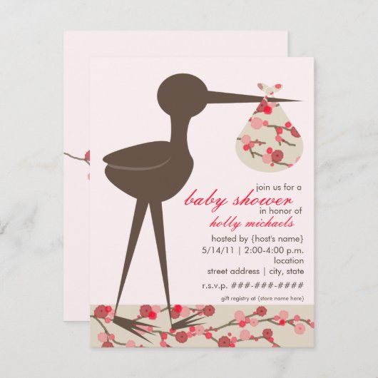 洗練されたこうのとりの桜のベビーシャワー 招待状 (正面/裏面)