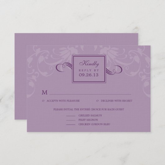 洗練されたエレガンスウエディングRSVPカード-紫 出欠カード (正面/裏面)
