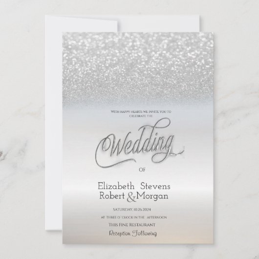 洗練されたエレガントなシルバーのグリッター ボケ ウェディング 招待状 (正面)