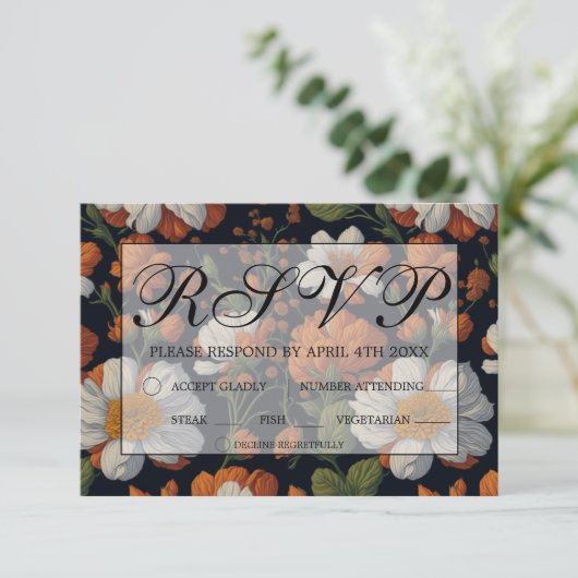 洗練されたエレガントオレンジ色の白フローラ花 出欠カード (スタンド正面)