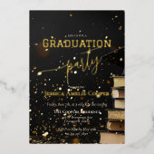 洗練されたエレガントブラック&金ゴールド卒業パーティー 箔招待状 (正面)