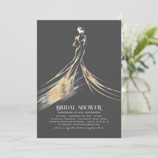 洗練されたエレガント金ゴールドとグレーのブライダルシャワー 招待状 (スタンド正面)