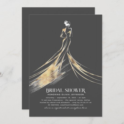洗練されたエレガント金ゴールドとグレーのブライダルシャワー 招待状 (正面/裏面)