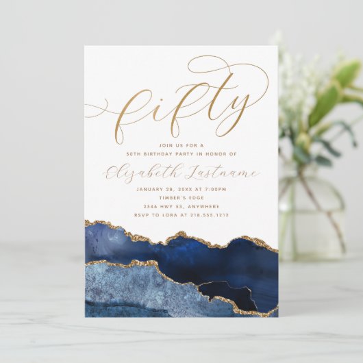 洗練されたエレガント金ゴールドネイビーブルー50誕生日 招待状 (スタンド正面)