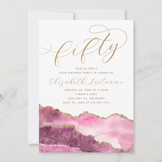 洗練されたエレガント金ゴールドピンク50誕生日 招待状