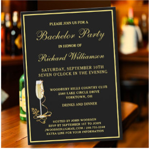 洗練されたクラシックな黒と金の独身パーティー 招待状