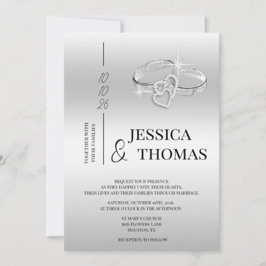 洗練されたクラス、シルバー結婚のリングや輪結婚ズ 招待状 (正面)