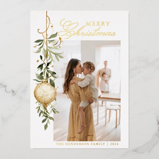 洗練されたクリスマスグリーン金ゴールドオーナメント 箔シーズンカード (正面)