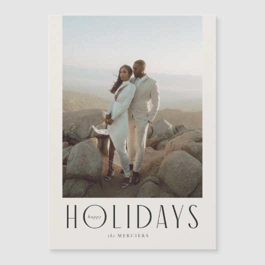 洗練されたクリーム&ブラックハッピーホリデーズフォト マグネット招待状 (正面)