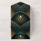 洗練されたグリーンと金ゴールドアールデコ結婚の オールインワン招待状 (外側)