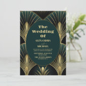 洗練されたグリーンと金ゴールドアールデコ結婚の 招待状 (スタンド正面)