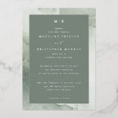 洗練されたグリーンマーブル結婚式招待状 箔招待状 (正面)