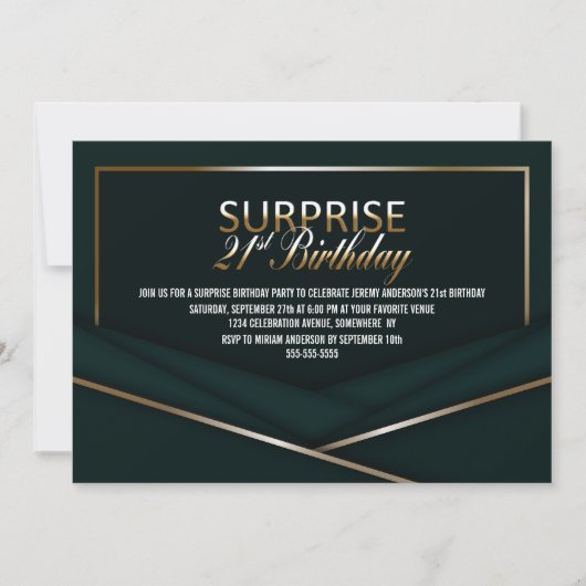 洗練されたグリーン金ゴールド21stサプライズ誕生日 招待状 (正面)
