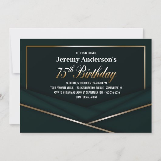 洗練されたグリーン金ゴールド75th誕生日パーティー 招待状 (正面)