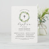 洗練されたグリーン ユーカリの葉の洗礼式招待状 招待状 (スタンド正面)