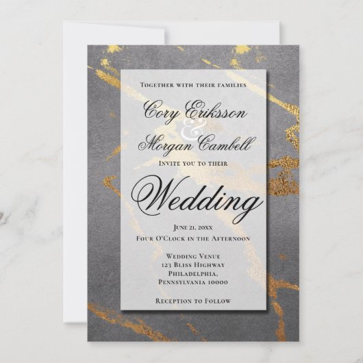 洗練されたグレーと金ゴールド結婚マーブル 案内状 (正面)