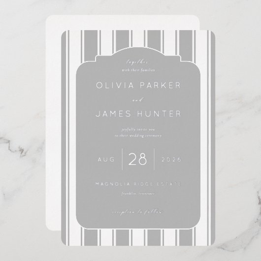 洗練されたグレー ストライプの結婚式招待状 箔招待状 (正面/裏面)