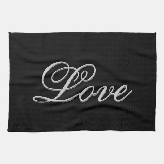 洗練されたグレー ブラック ラブ キッチンタオル (横)