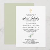 洗練されたゴールドクロスとグリーンが美しいはじめての聖体拝領式の招待状 招待状 (正面/裏面)