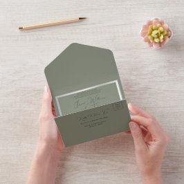 洗練されたサグ＆シルバーのウェディング オールインワン招待状