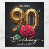 洗練されたシックなレッドローズゴールデン90誕生日 ワインラベル (シングルラベル)