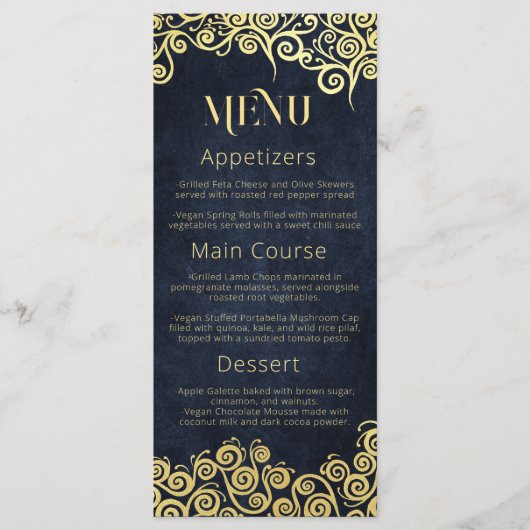 洗練されたシックネイビーブルー&金ゴールドスワ結婚ールズ メニュー (正面)