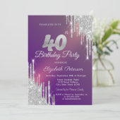 洗練されたシルバーのグリッターが紫に煌き、40歳の誕生日を祝う 招待状 (スタンド正面)