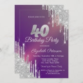 洗練されたシルバーのグリッターが紫に煌き、40歳の誕生日を祝う 招待状 (正面/裏面)