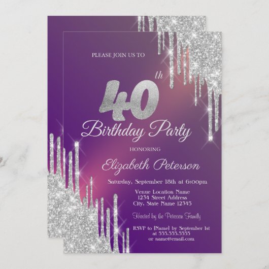 洗練されたシルバーのグリッターが紫に煌き、40歳の誕生日を祝う 招待状 (正面/裏面)