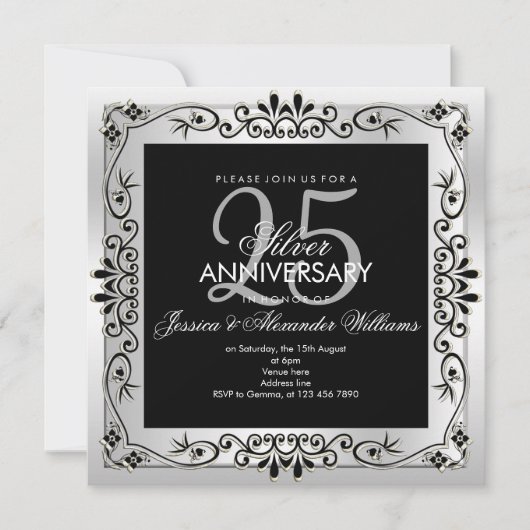 洗練されたシルバーの装飾フレーム　25周年記念 招待状 (正面)