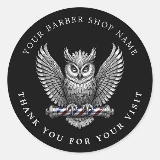 洗練されたシルバーオウル理容店ロゴ ヘアスタイリスト ラウンドシール (正面)