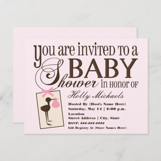 洗練されたストークピンクベイビーシャワー招待状 招待状 (正面/裏面)