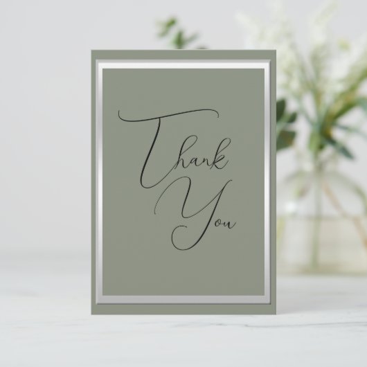 洗練されたセージ結婚とシルバー サンキューカード (スタンド正面)