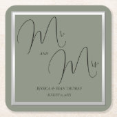洗練されたセージ結婚とシルバー スクエアペーパーコースター (正面)