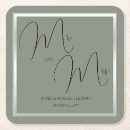 洗練されたセージ結婚とシルバー スクエアペーパーコースター