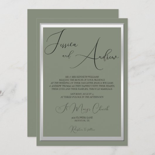 洗練されたセージ結婚とシルバー 招待状 (正面/裏面)
