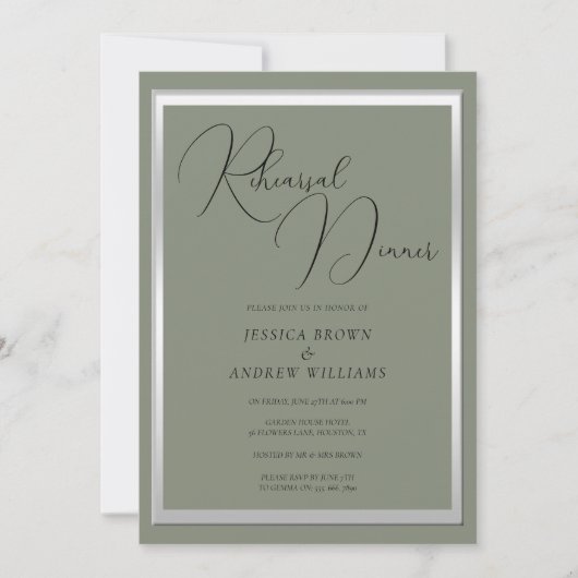 洗練されたセージ結婚シルバーのリハーサルディナー 招待状 (正面)
