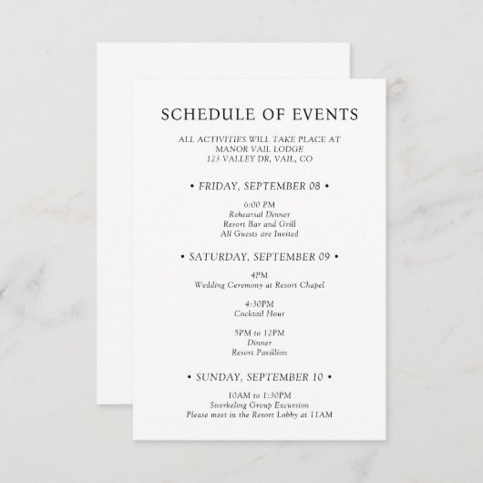 洗練されたタイポグラフィーの結婚式ウィークエンド　イベントスケジュール エンクロージャーカード (正面/裏面)