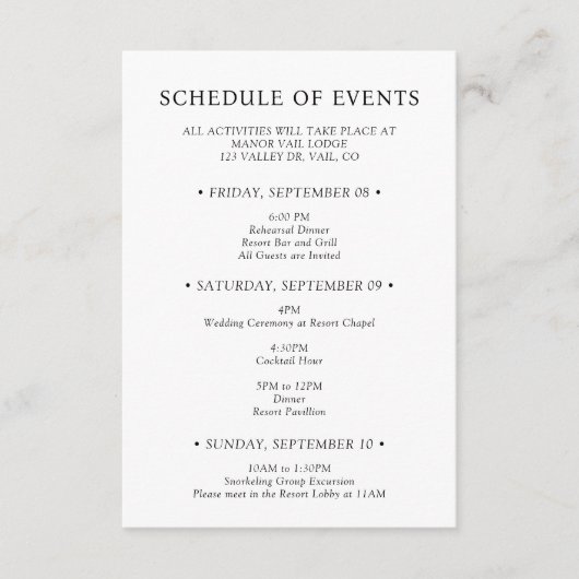 洗練されたタイポグラフィーの結婚式ウィークエンド　イベントスケジュール エンクロージャーカード (正面)
